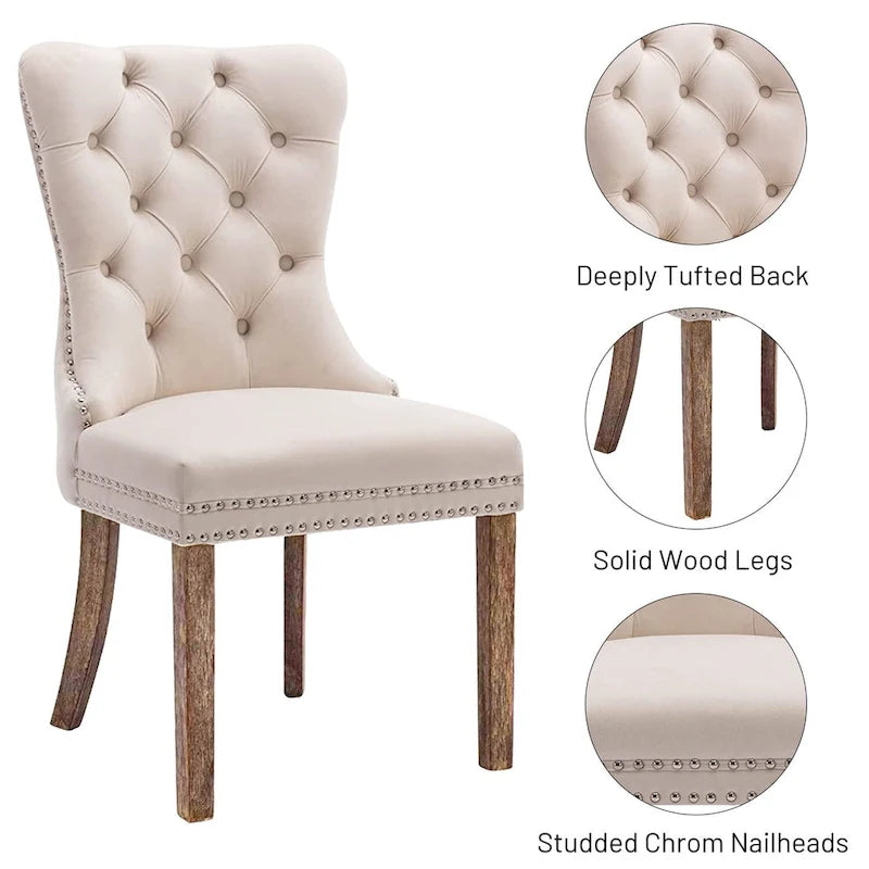Velvet Dining Chairs Set of 2, Upholstered High-end Tufted Dining Room Chair with Nailhead Back Ring Pull Trim Solid Wood Legs