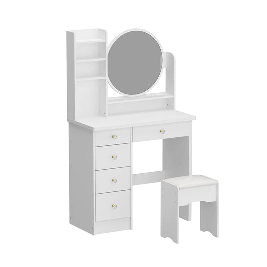 Makeup Vanity Set Dresser w/Mirror Stool 5 Drawers - White/Pink/Black - 31.5L x 15.7W x 52H