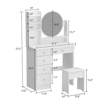 Makeup Vanity Set Dresser w/Mirror Stool 5 Drawers - White/Pink/Black - 31.5L x 15.7W x 52H