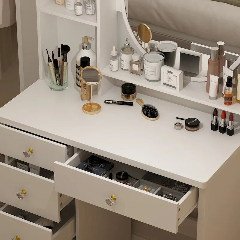 Makeup Vanity Set Dresser w/Mirror Stool 5 Drawers - White/Pink/Black - 31.5L x 15.7W x 52H
