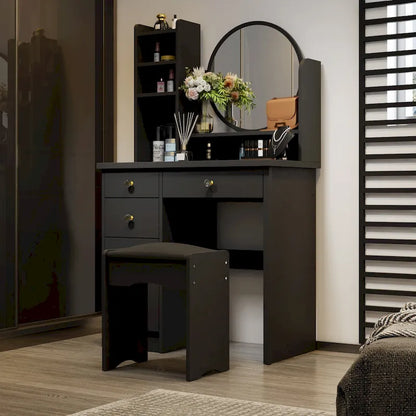 Makeup Vanity Set Dresser w/Mirror Stool 5 Drawers - White/Pink/Black - 31.5L x 15.7W x 52H