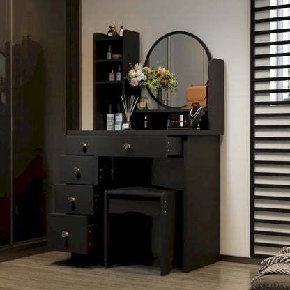 Makeup Vanity Set Dresser w/Mirror Stool 5 Drawers - White/Pink/Black - 31.5L x 15.7W x 52H