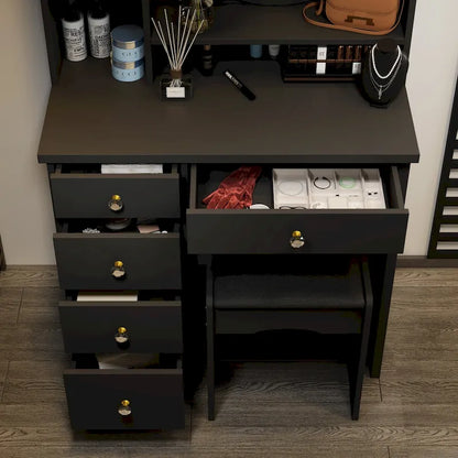 Makeup Vanity Set Dresser w/Mirror Stool 5 Drawers - White/Pink/Black - 31.5L x 15.7W x 52H