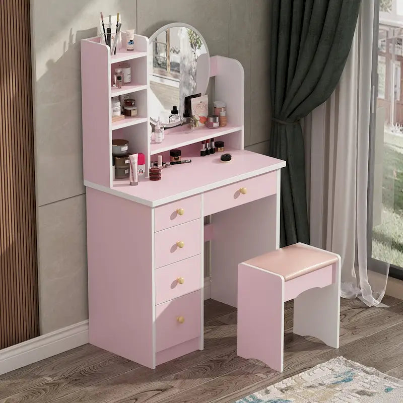 Makeup Vanity Set Dresser w/Mirror Stool 5 Drawers - White/Pink/Black - 31.5L x 15.7W x 52H