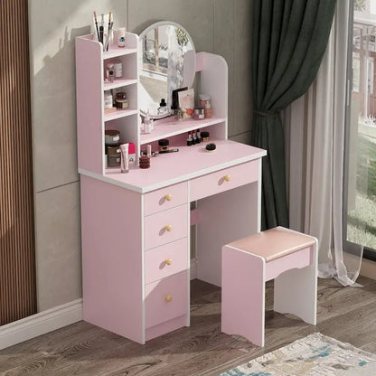 Makeup Vanity Set Dresser w/Mirror Stool 5 Drawers - White/Pink/Black - 31.5L x 15.7W x 52H