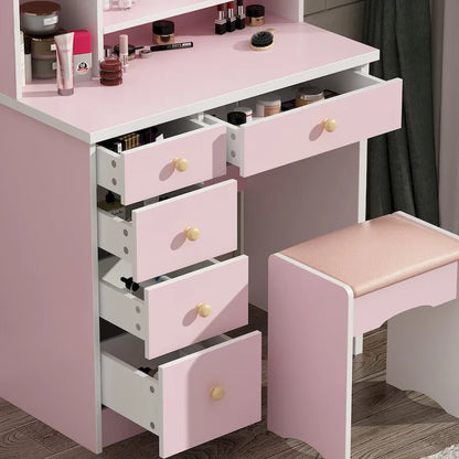 Makeup Vanity Set Dresser w/Mirror Stool 5 Drawers - White/Pink/Black - 31.5L x 15.7W x 52H