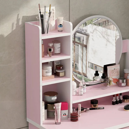 Makeup Vanity Set Dresser w/Mirror Stool 5 Drawers - White/Pink/Black - 31.5L x 15.7W x 52H