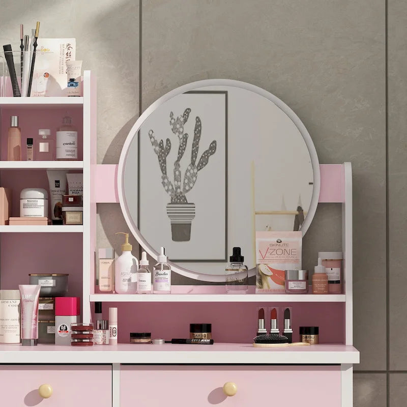 Makeup Vanity Set Dresser w/Mirror Stool 5 Drawers - White/Pink/Black - 31.5L x 15.7W x 52H