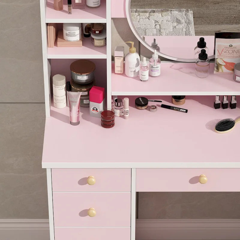 Makeup Vanity Set Dresser w/Mirror Stool 5 Drawers - White/Pink/Black - 31.5L x 15.7W x 52H