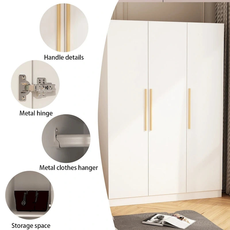 70. H x 47.2 W Wardrobe Cabinet Armoire Three Doors In White Closet