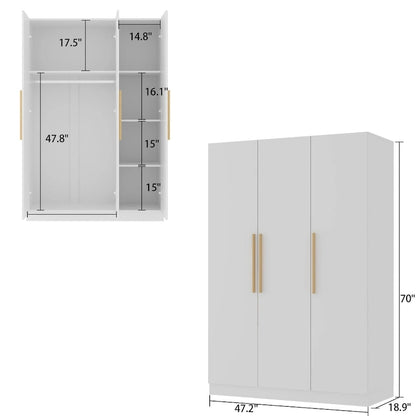 70. H x 47.2 W Wardrobe Cabinet Armoire Three Doors In White Closet