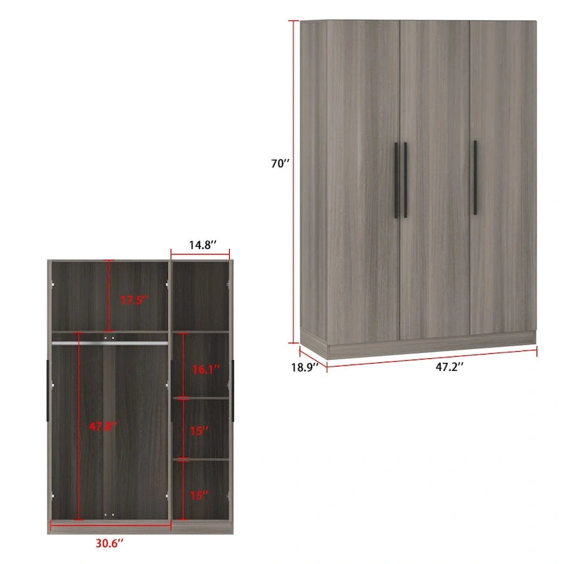 70. H x 47.2 W Wardrobe Cabinet Armoire Three Doors In White Closet