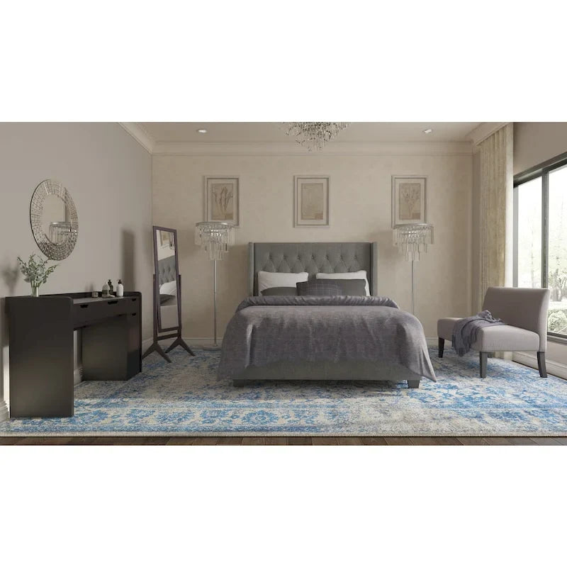 Diamond-tufted Grey Wingback Bed