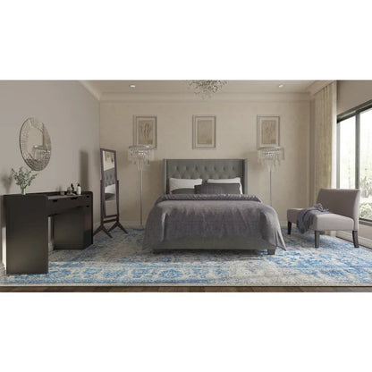 Diamond-tufted Grey Wingback Bed