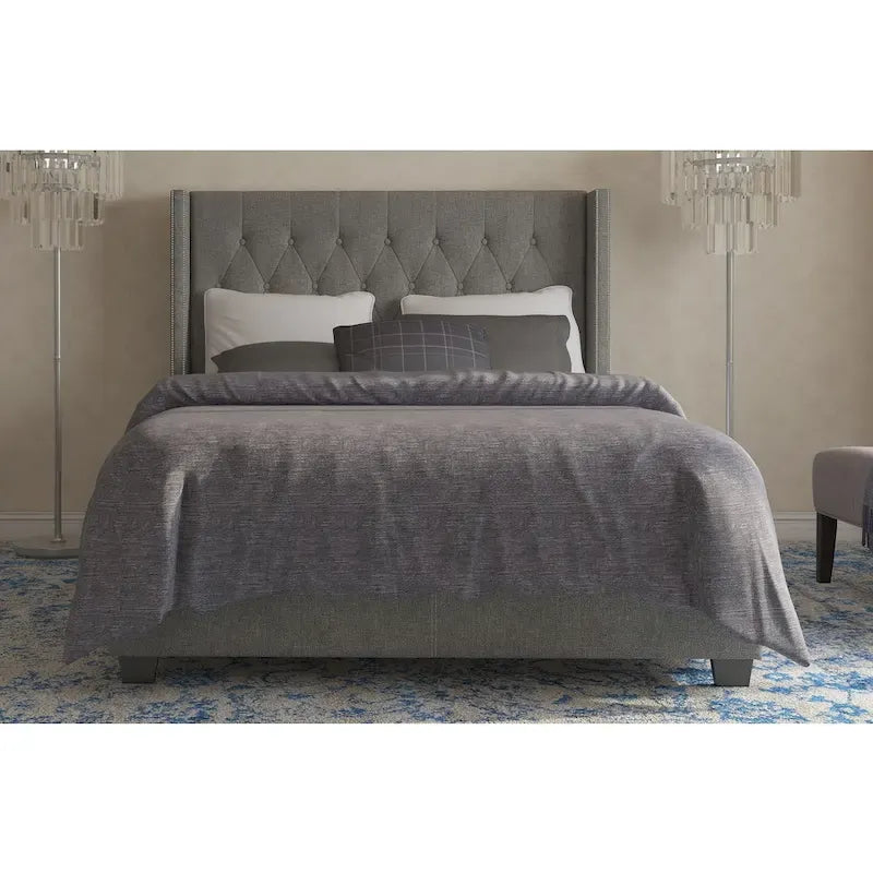 Diamond-tufted Grey Wingback Bed