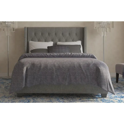 Diamond-tufted Grey Wingback Bed