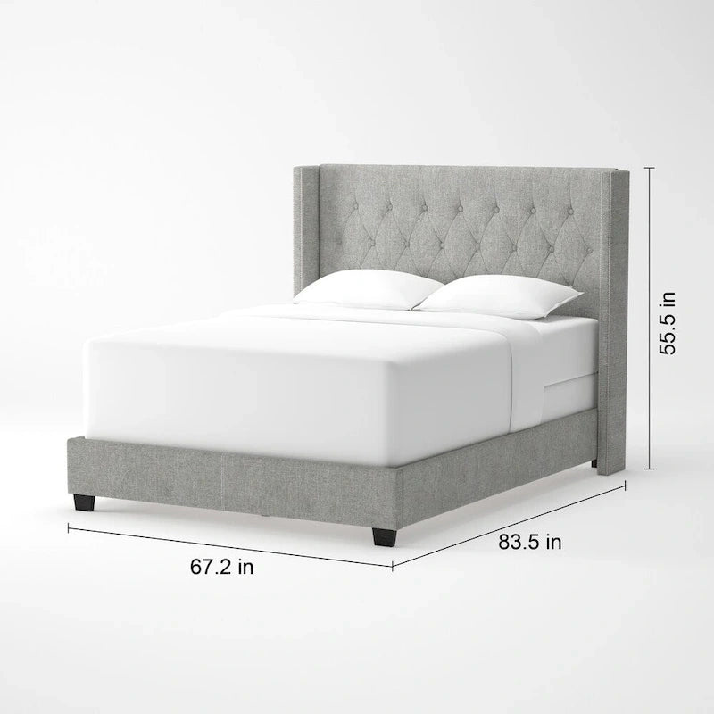 Diamond-tufted Grey Wingback Bed