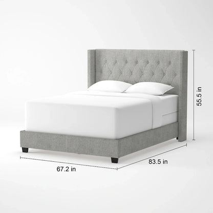 Diamond-tufted Grey Wingback Bed