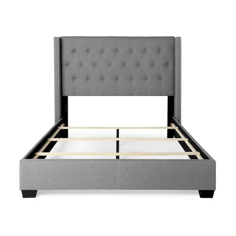 Diamond-tufted Grey Wingback Bed