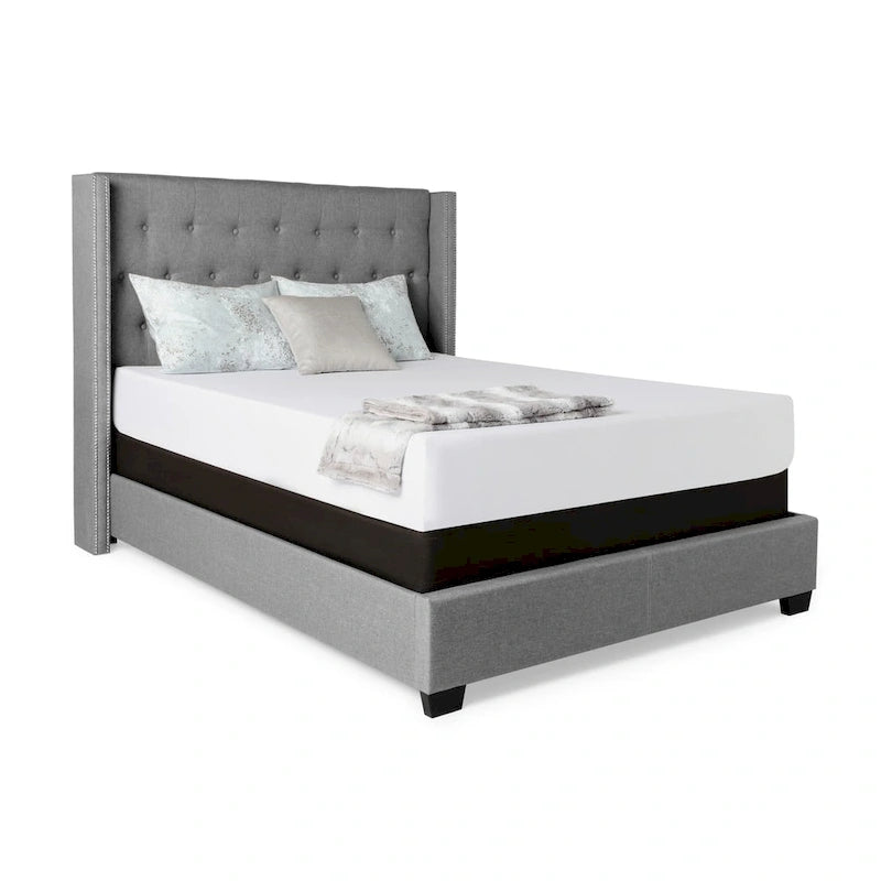 Diamond-tufted Grey Wingback Bed