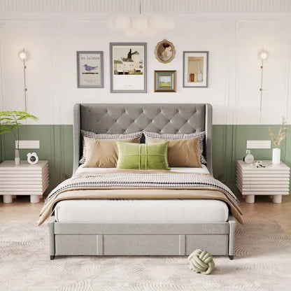 Queen Size Upholstered Platform Bed with Wingback Headboard and a Big Drawer