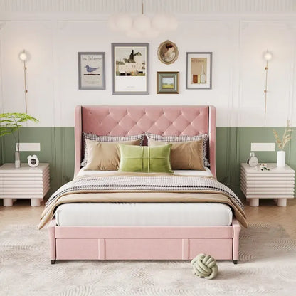 Queen Size Upholstered Platform Bed with Wingback Headboard and a Big Drawer