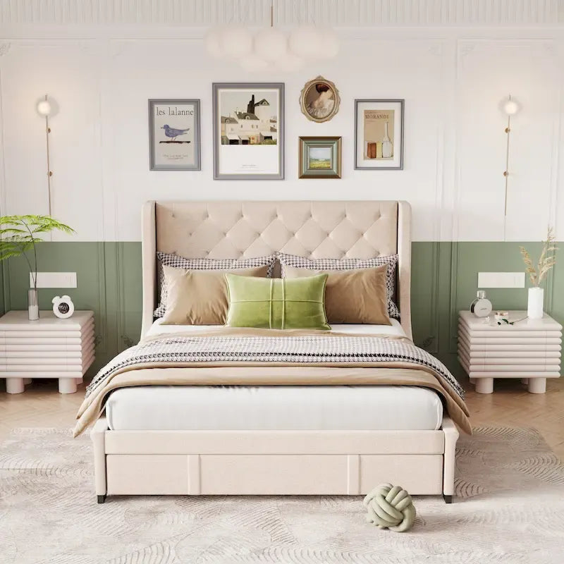 Queen Size Upholstered Platform Bed with Wingback Headboard and a Big Drawer