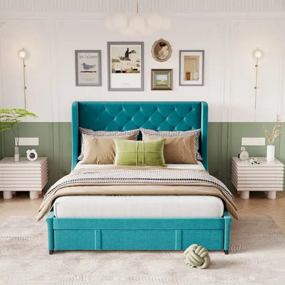 Queen Size Upholstered Platform Bed with Wingback Headboard and a Big Drawer