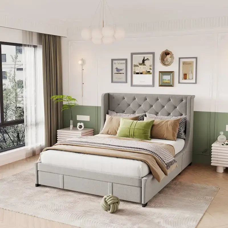 Queen Size Upholstered Platform Bed with Wingback Headboard and a Big Drawer