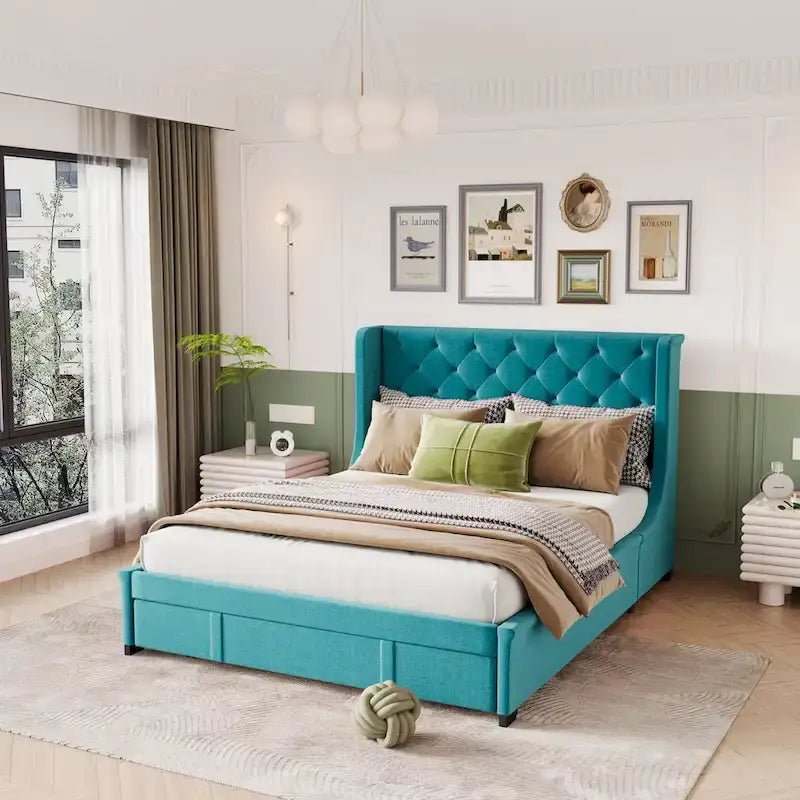Queen Size Upholstered Platform Bed with Wingback Headboard and a Big Drawer