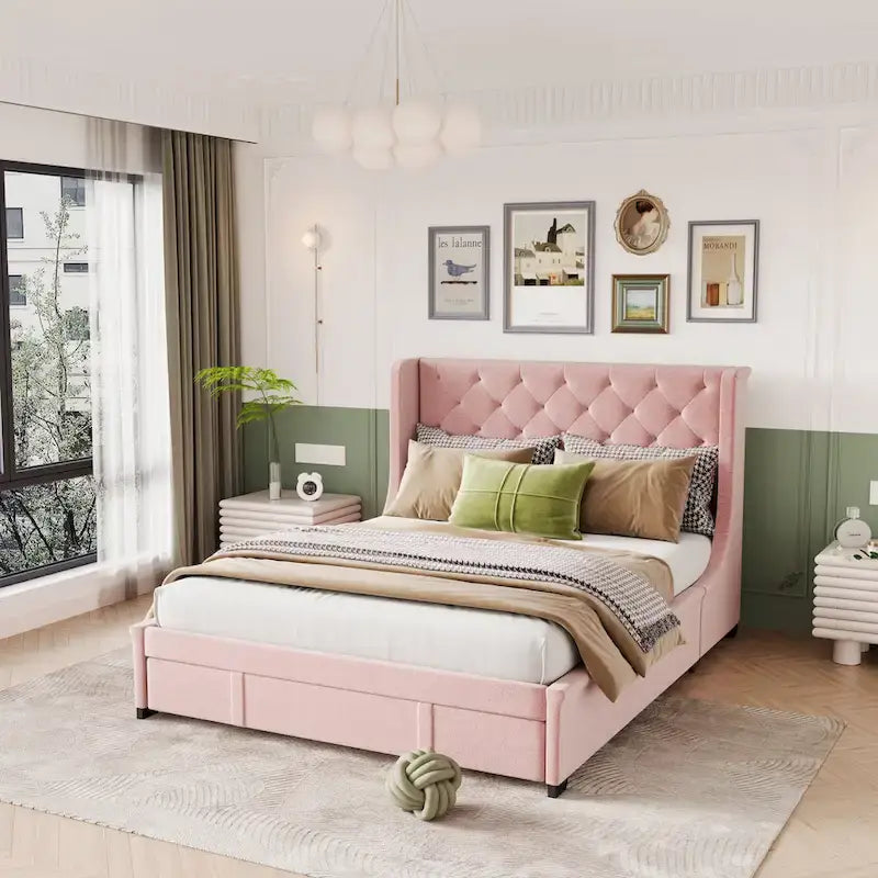 Queen Size Upholstered Platform Bed with Wingback Headboard and a Big Drawer