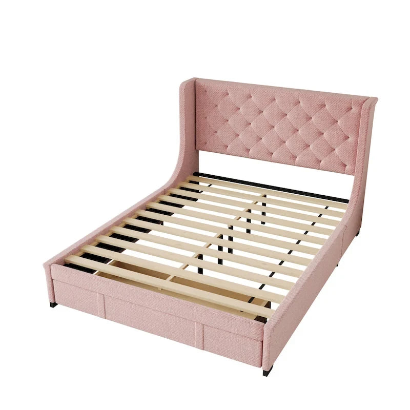 Queen Size Upholstered Platform Bed with Wingback Headboard and a Big Drawer