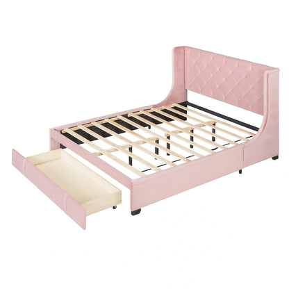 Queen Size Upholstered Platform Bed with Wingback Headboard and a Big Drawer