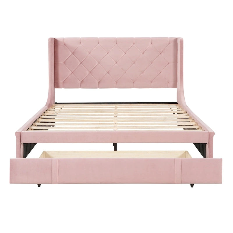 Queen Size Upholstered Platform Bed with Wingback Headboard and a Big Drawer