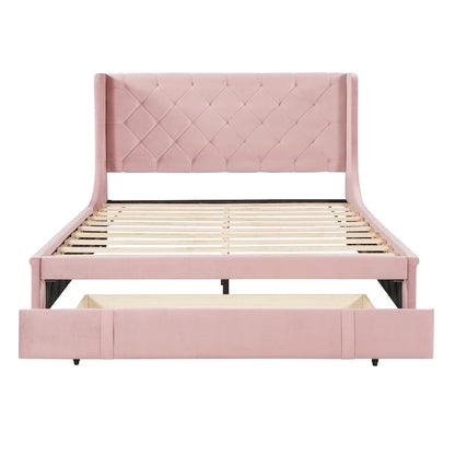 Queen Size Upholstered Platform Bed with Wingback Headboard and a Big Drawer