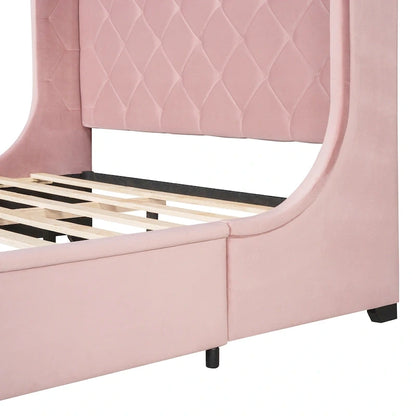 Queen Size Upholstered Platform Bed with Wingback Headboard and a Big Drawer