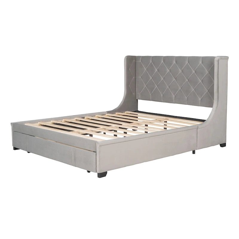 Queen Size Upholstered Platform Bed with Wingback Headboard and a Big Drawer