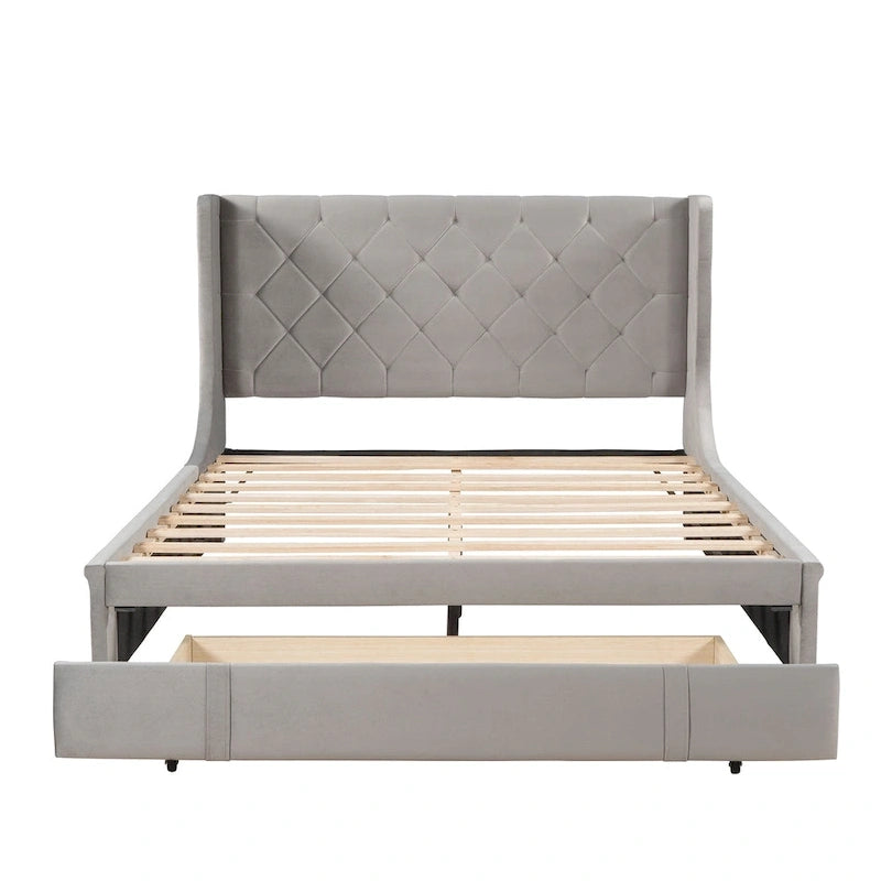 Queen Size Upholstered Platform Bed with Wingback Headboard and a Big Drawer