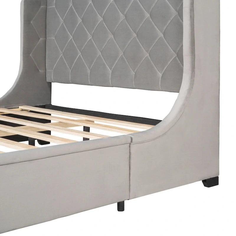 Queen Size Upholstered Platform Bed with Wingback Headboard and a Big Drawer