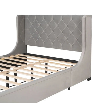 Queen Size Upholstered Platform Bed with Wingback Headboard and a Big Drawer