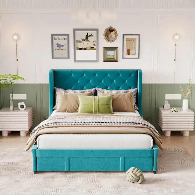 Queen Size Upholstered Platform Bed with Wingback Headboard and a Big Drawer