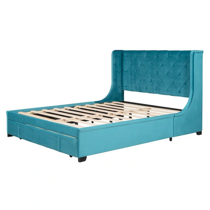 Queen Size Upholstered Platform Bed with Wingback Headboard and a Big Drawer