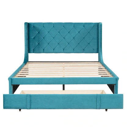 Queen Size Upholstered Platform Bed with Wingback Headboard and a Big Drawer
