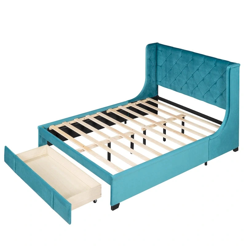 Queen Size Upholstered Platform Bed with Wingback Headboard and a Big Drawer