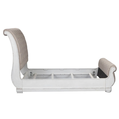 Magnolia Manor Antique White Weathered Bark King California Upholstered Sleigh Bed