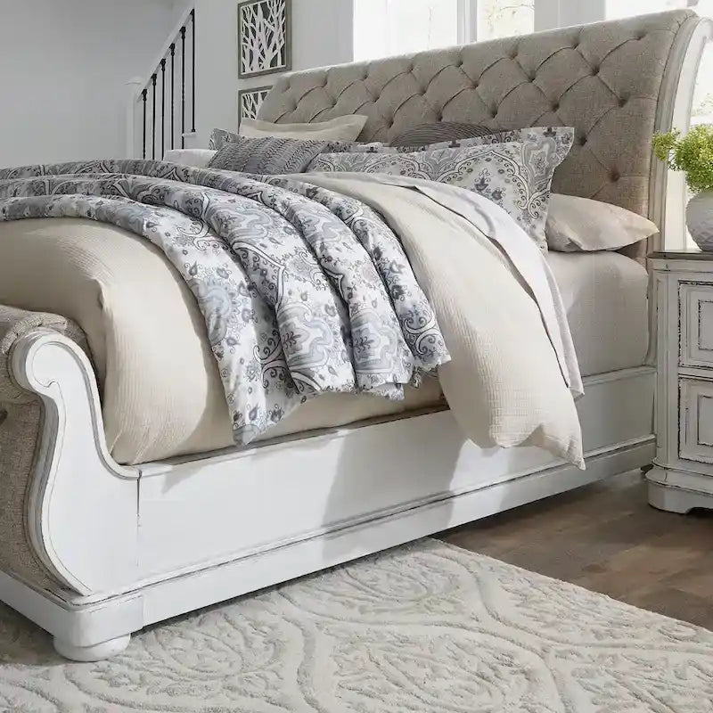 Magnolia Manor Antique White Weathered Bark King California Upholstered Sleigh Bed