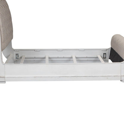 Magnolia Manor Antique White Weathered Bark King California Upholstered Sleigh Bed