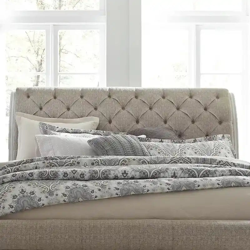 Magnolia Manor Antique White Weathered Bark King California Upholstered Sleigh Bed