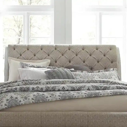 Magnolia Manor Antique White Weathered Bark King California Upholstered Sleigh Bed