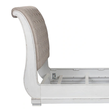 Magnolia Manor Antique White Weathered Bark King California Upholstered Sleigh Bed